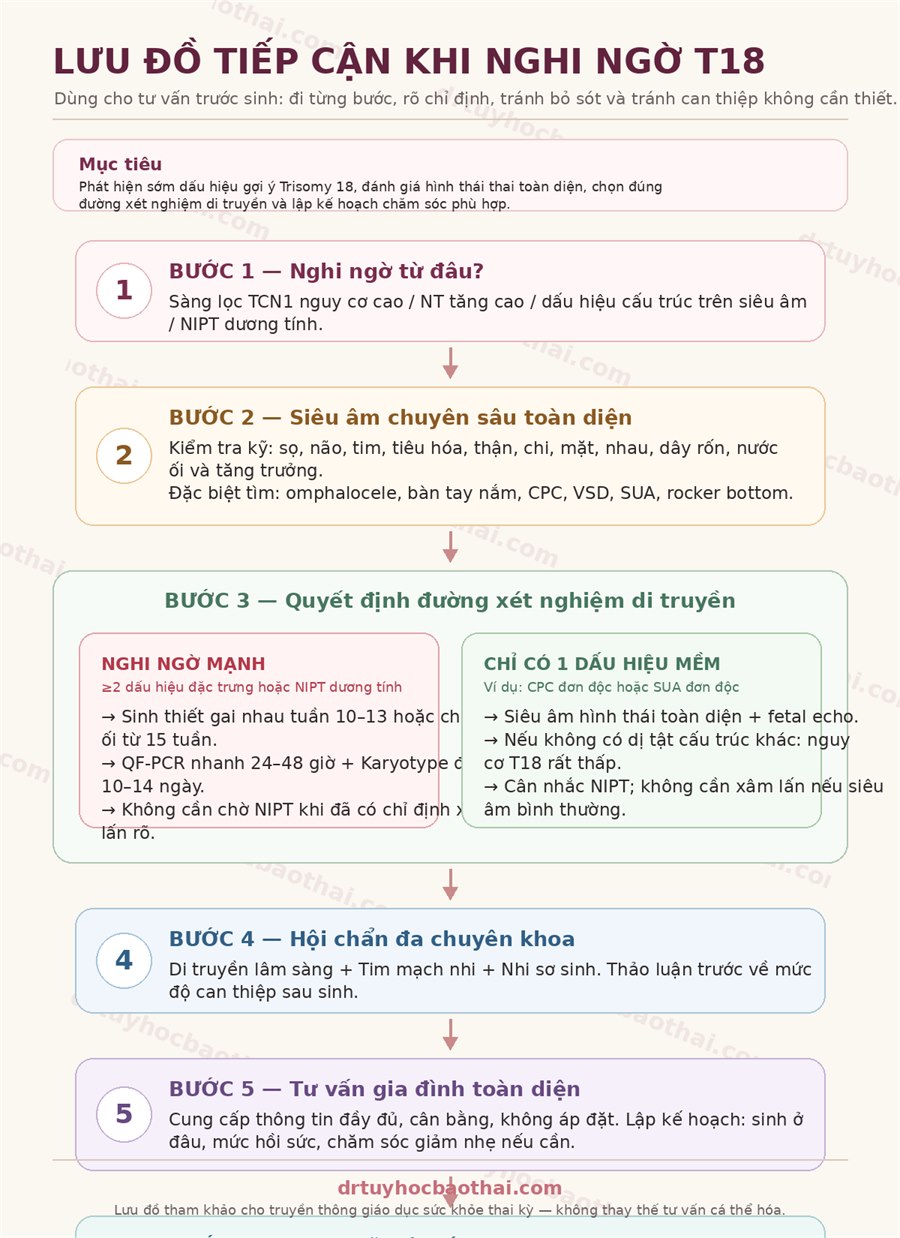 Lưu đồ tiếp cận thai nghi ngờ Trisomy 18 từ siêu âm đến xét nghiệm di truyền và tư vấn gia đình