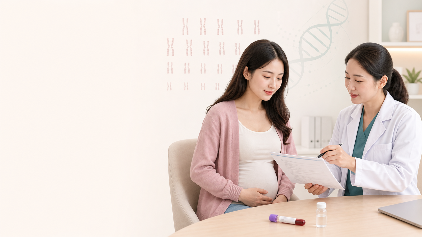 Thai phụ giai đoạn sớm trao đổi với bác sĩ về xét nghiệm NIPT và mẫu máu