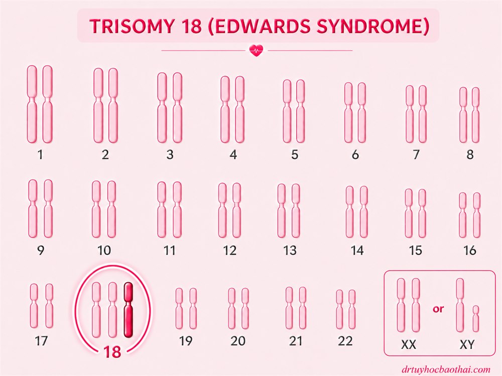 Karyotype minh họa thai có ba nhiễm sắc thể số 18 trong hội chứng Edwards
