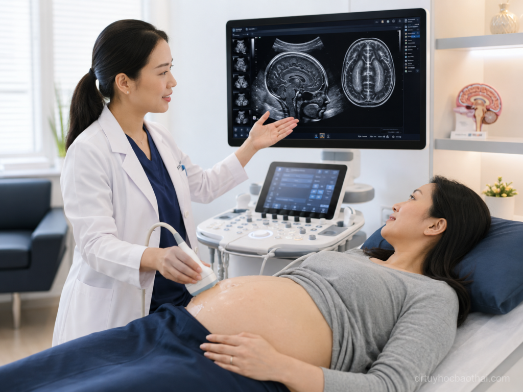 Bác sĩ tư vấn cho mẹ bầu về cách nhận biết sớm bệnh não phẳng qua siêu âm và hình ảnh học thai nhi