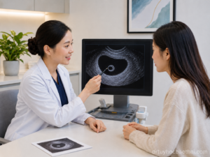 Bác sĩ tư vấn cho phụ nữ về có túi noãn hoàng nhưng chưa thấy phôi qua hình ảnh siêu âm thai sớm