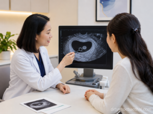 Bác sĩ tư vấn cho phụ nữ về có túi noãn hoàng thì bao lâu có tim thai qua hình ảnh siêu âm thai sớm