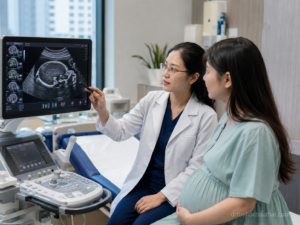 Bác sĩ tư vấn cho mẹ bầu về dấu hiệu của bệnh não phẳng qua hình ảnh siêu âm não thai nhi