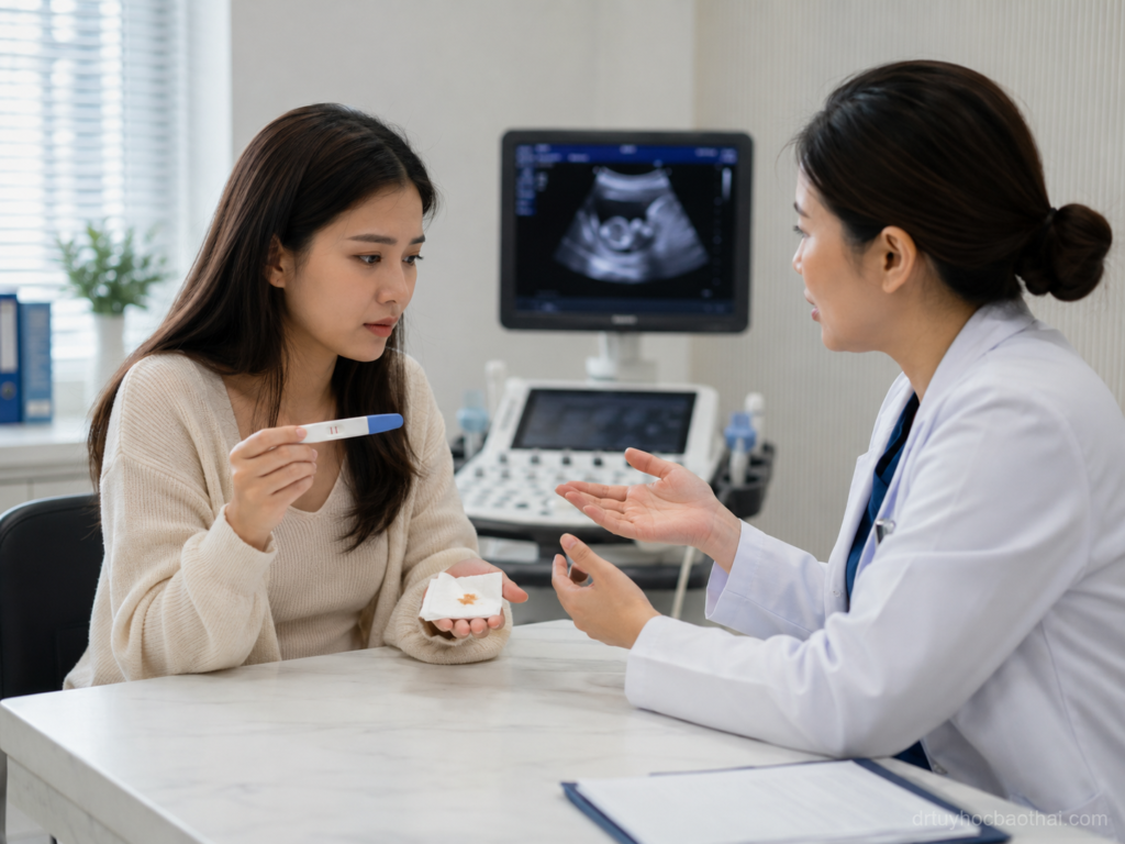 Bác sĩ tư vấn cho phụ nữ về que 2 vạch nhưng ra máu nâu và thời điểm nên đi khám thai sớm