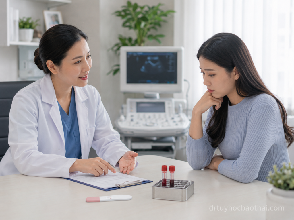 Bác sĩ tư vấn cho phụ nữ về tình trạng que thử âm tính nhưng chậm kinh và thời điểm nên xét nghiệm beta hCG