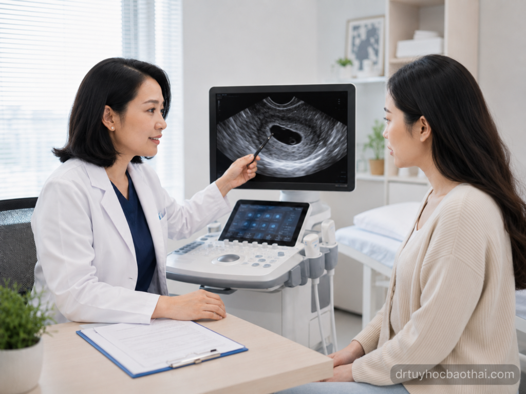 Bác sĩ tư vấn cho phụ nữ về thai 5 tuần chưa thấy noãn hoàng qua hình ảnh siêu âm thai sớm