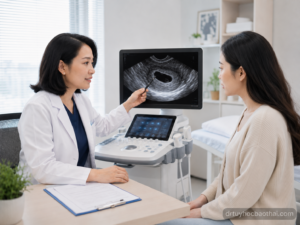 Bác sĩ tư vấn cho phụ nữ về thai 5 tuần chưa thấy noãn hoàng qua hình ảnh siêu âm thai sớm