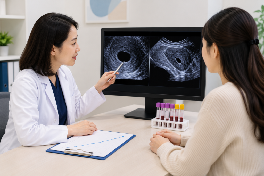 Bác sĩ tư vấn cho phụ nữ về thai chưa rõ vị trí và cách theo dõi beta hCG kết hợp siêu âm thai sớm