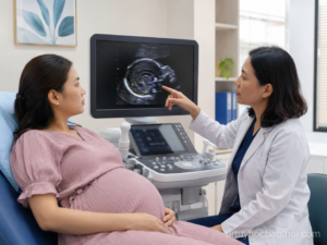 Bác sĩ tư vấn cho mẹ bầu về tiểu não thai nhi nhỏ qua hình ảnh siêu âm đo đường kính tiểu não