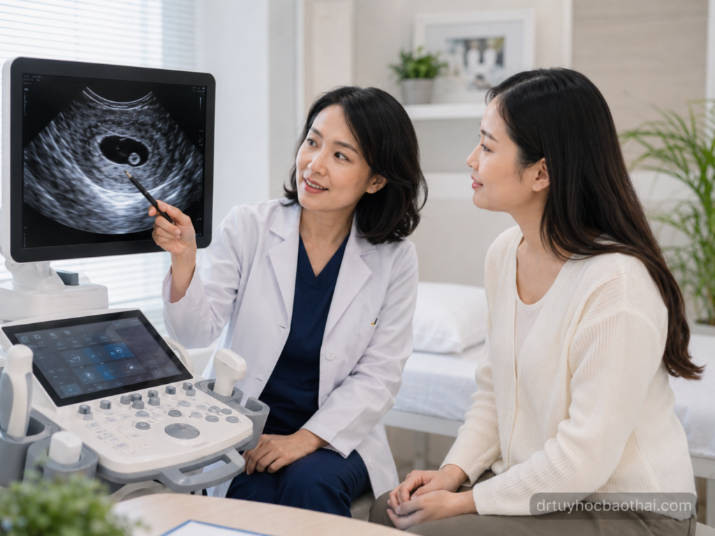 Bác sĩ tư vấn cho phụ nữ về túi thai bao nhiêu mm thì thấy noãn hoàng qua hình ảnh siêu âm thai sớm