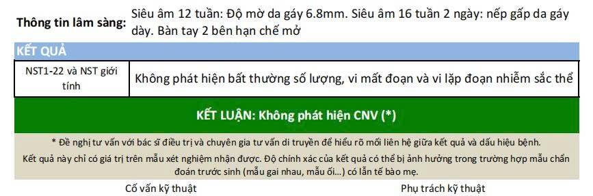 Kết quả CNV từ mẫu ối không phát hiện bất thường số lượng, vi mất đoạn hoặc vi lặp đoạn nhiễm sắc thể
