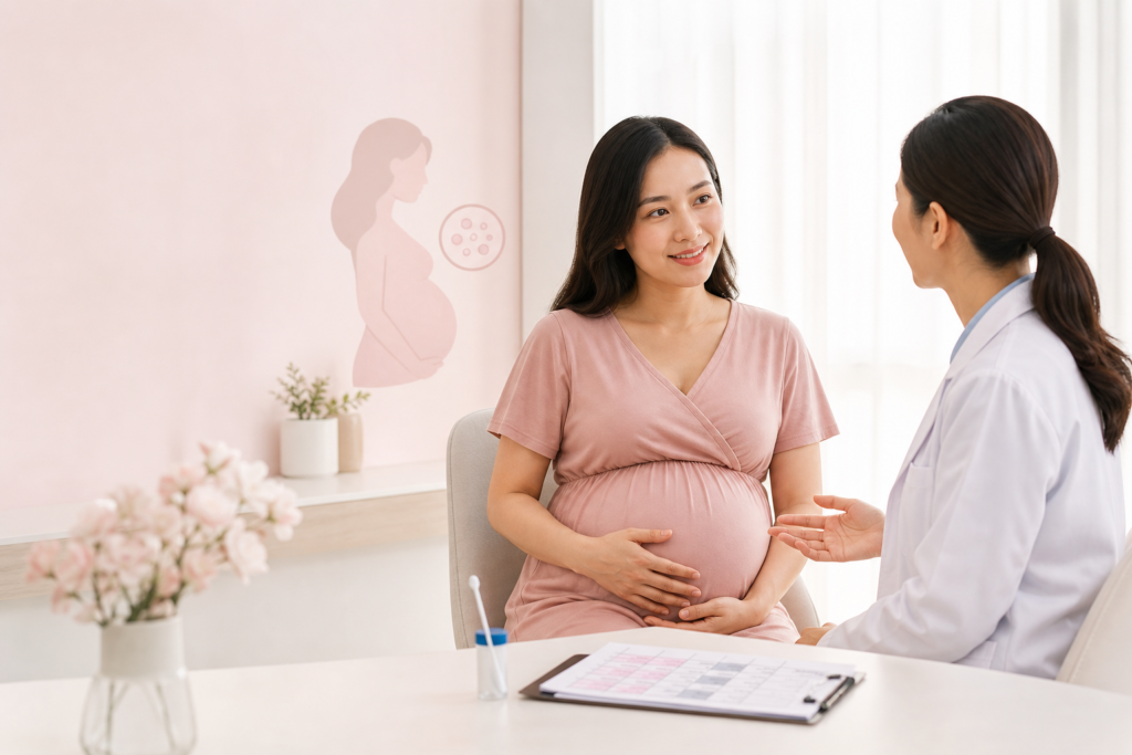 Thai phụ trao đổi với bác sĩ về xét nghiệm liên cầu khuẩn nhóm B ở cuối thai kỳ