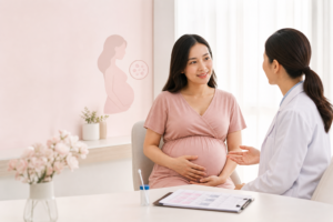 Thai phụ trao đổi với bác sĩ về xét nghiệm liên cầu khuẩn nhóm B ở cuối thai kỳ