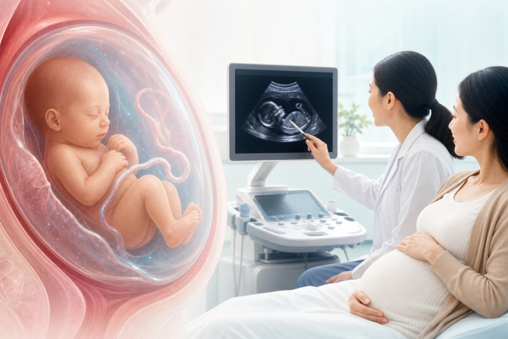 Thai phụ và bác sĩ xem siêu âm minh họa thai nhi uống nước ối