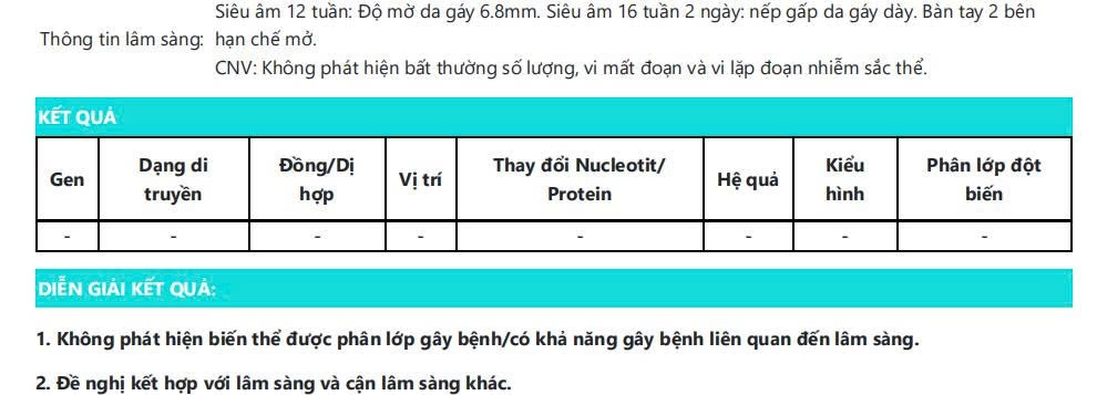 Kết quả G4500 không phát hiện biến thể gây bệnh được báo cáo trong các gen khảo sát