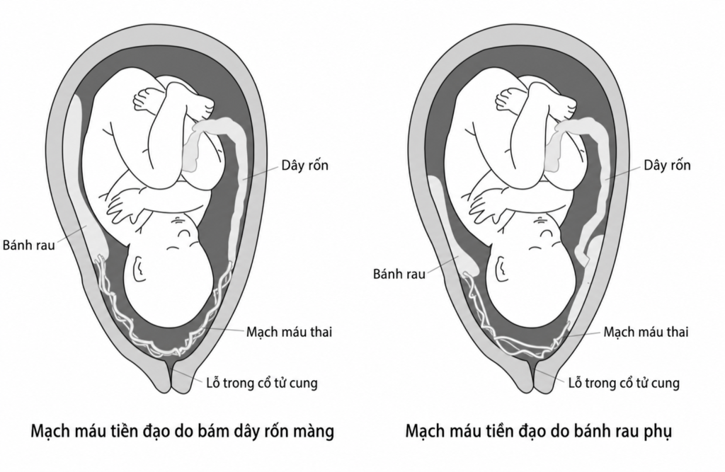 Sơ đồ giải phẫu hai dạng mạch máu tiền đạo, minh họa mạch máu thai chạy sát hoặc bắc qua lỗ trong cổ tử cung