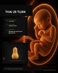 Thai 29 tuần: hình minh họa thai nhi và kích thước tương ứng theo tuần thai