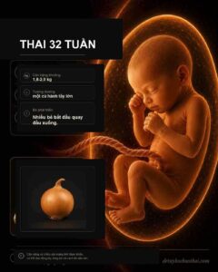 Thai 32 tuần: hình minh họa thai nhi và kích thước tương ứng theo tuần thai