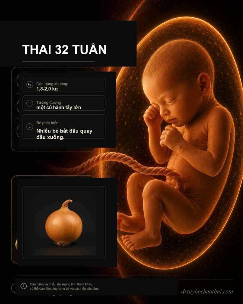 Thai 32 tuần: hình minh họa thai nhi và kích thước tương ứng theo tuần thai