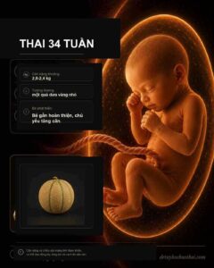 Thai 34 tuần: hình minh họa thai nhi và kích thước tương ứng theo tuần thai