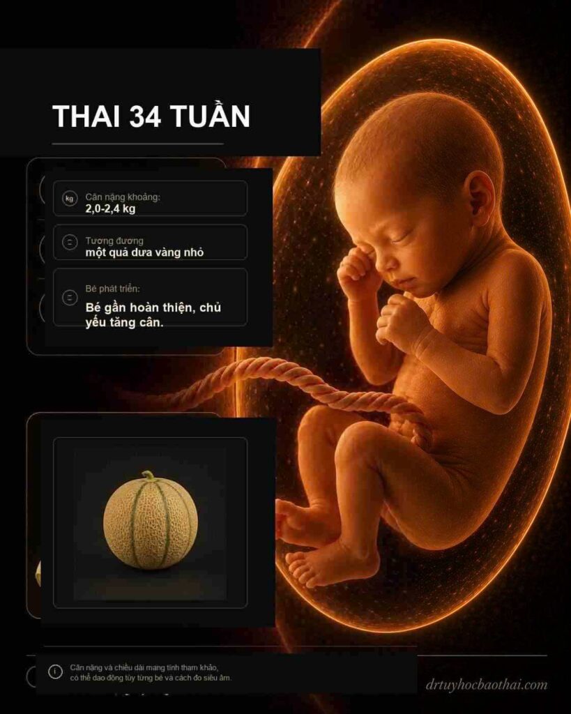 Thai 34 tuần: hình minh họa thai nhi và kích thước tương ứng theo tuần thai