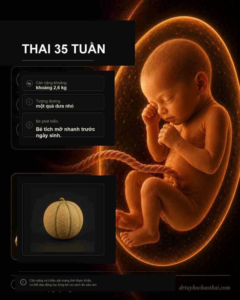 Thai 35 tuần: hình minh họa thai nhi và kích thước tương ứng theo tuần thai