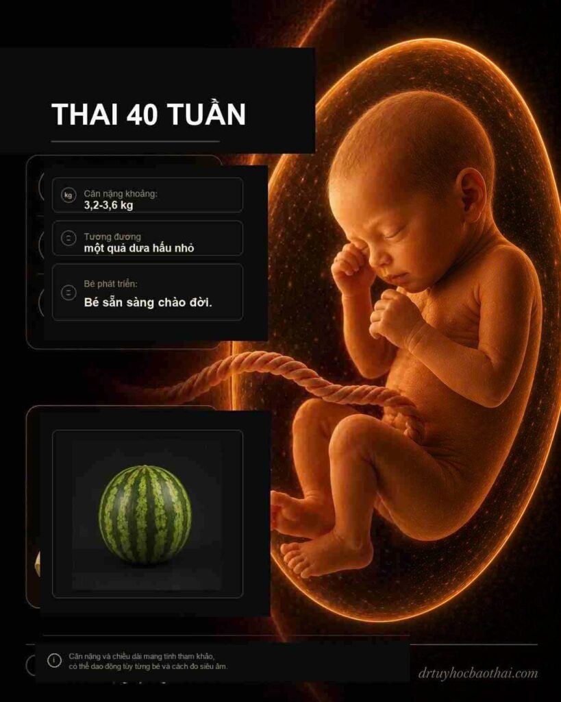 Thai 40 tuần: hình minh họa thai nhi và kích thước tương ứng theo tuần thai