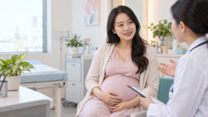 Thai phụ trao đổi với nhân viên y tế trong phòng tư vấn